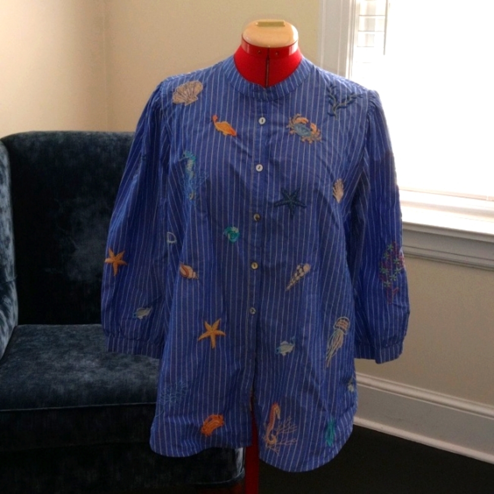 Johnny Was Size M Portia Embroidered Sea Life Puff blouse cotton